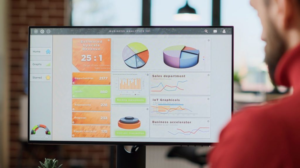 Hotfix vs. Patch: quando cada um é a melhor solução? A imagem mostra um profissional observando atentamente uma tela de computador com diversos gráficos e indicadores de desempenho relacionados à área de Business Analytics.